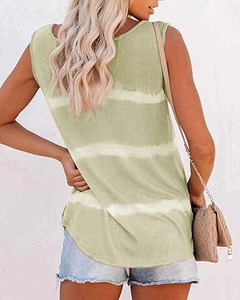 Back view of a green and white striped sleeveless summer tank top with a curved hemline