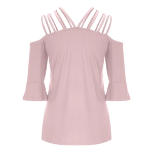 Detail of dusty pink off-shoulder top with strappy neckline and flared bell sleeves