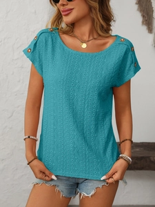 Peacock blue short sleeve top with hollow-out knit texture and shoulder buttons
