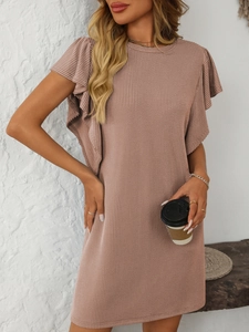 Close-up of knit ribbed texture and ruffled butterfly sleeves on summer midi dress