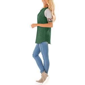 Detail of t-shirt with raglan sleeves featuring striped patterns and leopard print trim