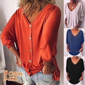Women Casual V Neck Batwing Three Quarter Sleeve T Shirt Back Button Solid Cotton Blend Loose Pullover Top