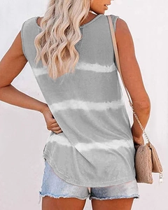 Back view of a grey and white tie-dye sleeveless summer top for women
