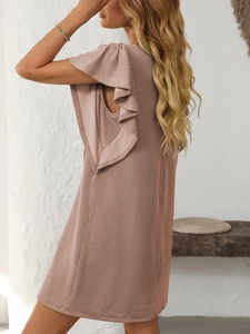 Detailed view of ruffle sleeves and ribbed knit texture on a mauve summer dress
