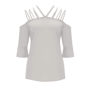 Detail of cold shoulder top with multi-strap neckline and flare sleeves in light grey