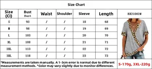 Detailed size chart for women's V-neck leopard print t-shirt showing S to 3XL measurements