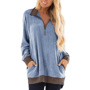 Sweat à capuche décontracté bleu chiné pour femme avec zip et bordure marron