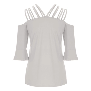 Detail of light grey off-shoulder top with multiple thin straps and stylish bell sleeves