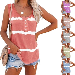 Women Striped Tie Dye Henley Tank Top V Neck Sleeveless Button T Shirt Summer Casual Loose Fit Knit Vest Cami Top