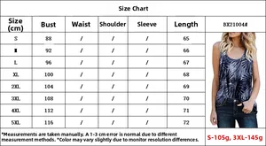 Detailed size chart for women's leopard floral tank top from S to 5XL with measurements