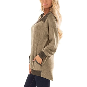 Sweat-shirt femme décontracté kaki à manches longues avec poches zippées et coupe large