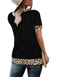 Detailed back view of a slim-fit black V-neck t-shirt with leopard print patchwork accents