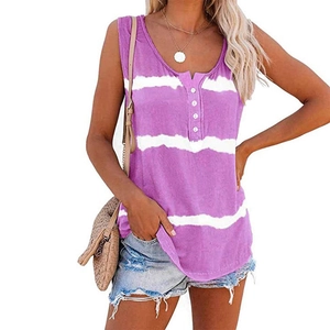 Women's sleeveless purple tie-dye Henley tank top with button V-neck and casual summer style