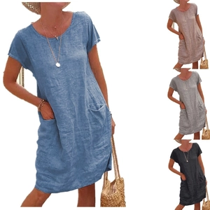 Women's Casual Cotton Linen Short Sleeve Dress Loose Round Neck Midi Dress With Pockets Summer Solid Color Fashion Dress