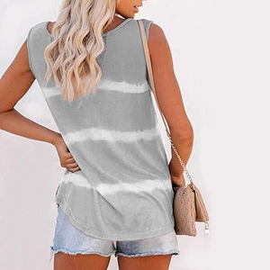 Women's summer sleeveless tank top with gray and white tie-dye stripes and button detail