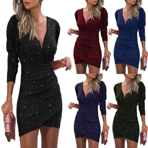Abito Mini Bodycon da Donna Sexy Scollo a V Manica Lunga Arricciato Glitter Scintillante per Festa Club Sera