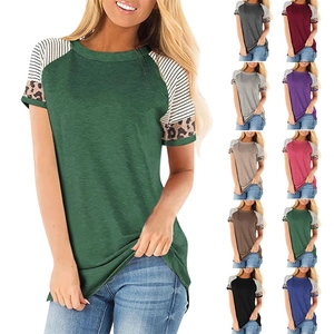 Women Casual Raglan Short Sleeve T-Shirt Leopard Stripe Patchwork Round Neck Cotton Blend Loose Summer Top