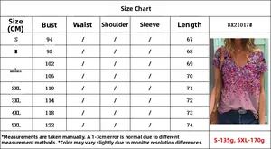 Size chart for women's V-neck floral T-shirt showing S to 5XL measurements and weight