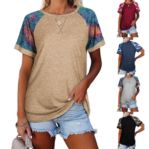 T-Shirt Femme Décontracté Manches Courtes Raglan Imprimé Camouflage Tie-Dye Col Rond Patchwork Mélange Coton Été Haut Ample Mode