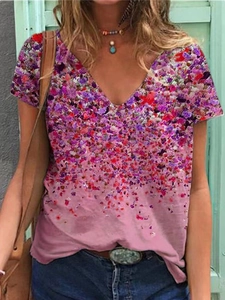 Detail of floral gradient print on V-neck short sleeve T-shirt for women