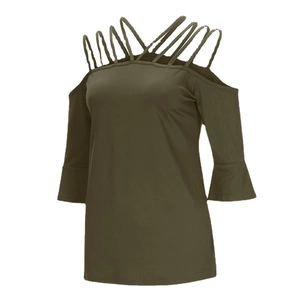 Army green cold shoulder top with crisscross neck and bell sleeves for women