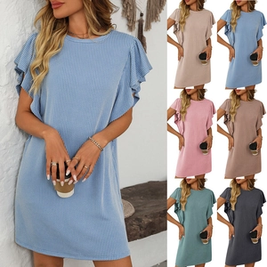 Women Casual Ribbed Knit Midi Dress Round Neck Ruffle Sleeve Solid Color Straight Summer Fashion T-Shirt Dress For Daily
