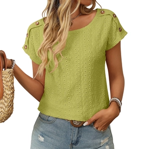 Short sleeve eyelet embroidered top in mustard green with round neck and shoulder buttons