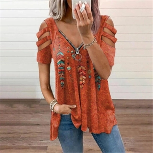 T-shirt femme orange à col en V avec fermeture éclair, manches ajourées et motif plume