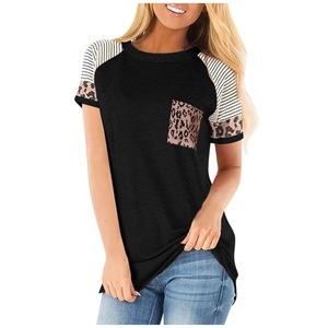 Women's black short sleeve t-shirt with leopard pocket and striped raglan sleeves