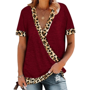 Women's V-neck short sleeve top in burgundy with leopard print trim detailing