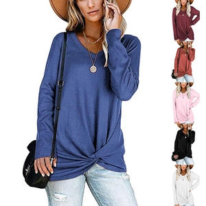 Damen Casual Waffelstrick Langarm T-Shirt V Ausschnitt Twist Knot Vorne Lockeres Top Einfarbig Herbst Winter Tee Shirt