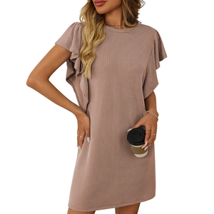 Women's knit midi dress in dusty rose featuring chic ruffle sleeves and textured ribbing