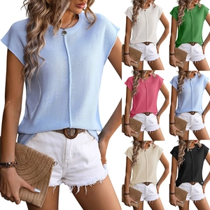 Damen Casual Rundhals Strickoberteil Kurzarm Acryl Nylon Pullover Mit Mittlerer Naht Sommerurlaub Mode