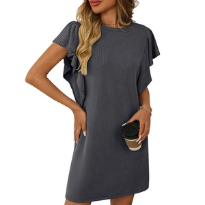 Summer dark grey ribbed knit dress with ruffle sleeves and a simple crew neck design