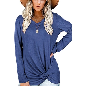 V-Ausschnitt Waffelstrick Langarmshirt mit Knotendetail am Saum in Dunkelblau für Damen
