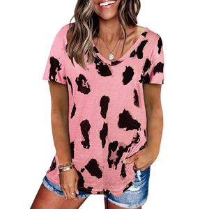 Sommer Damen T-Shirt mit V-Ausschnitt, Leopardenmuster und schlanker Passform