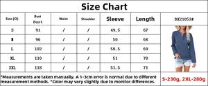 Size chart for women's V-neck long sleeve top with bust and length measurements in cm
