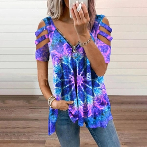 T-shirt femme col en V avec fermeture éclair, épaules dénudées et imprimé floral