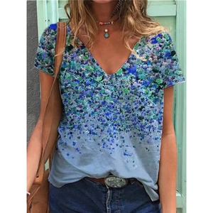 Women's V-neck short sleeve T-shirt with blue floral gradient print on light fabric