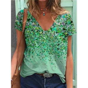 Women's V-neck short sleeve T-shirt with green floral print and gradient pattern