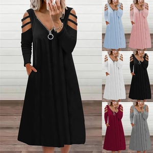 Vestito Midi da Donna con Spalle Scoperte Scollo a V Cerniera Manica Lunga Casual Tinta Unita Linea A con Tasche Misto Cotone