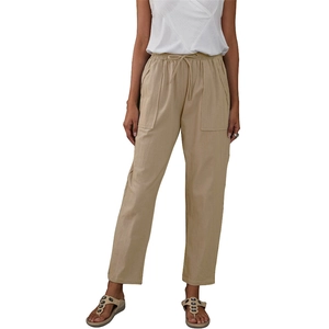 Detailed view of elastic waistband with adjustable drawstring and large side pockets on khaki pants