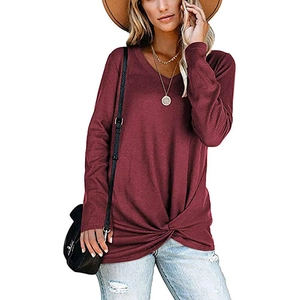 Damen Waffelstrick V-Ausschnitt Langarmshirt in Burgunderrot mit Knotendetail vorne