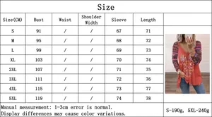Size chart for women V-neck long sleeve printed tee, including measurements from S to 5XL