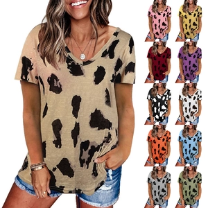 Damen Casual V-Ausschnitt Kurzarm Leopardenmuster T-Shirt Locker Baumwollmischung Sommer Pullover Top Mode Kuh Tierdruck Tee