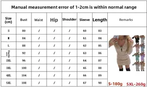 Size chart for women's long sleeve knit dress showing bust and sleeve measurements