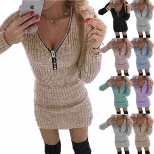 Women Sexy V Neck Zipper Knitted Bodycon Mini Dress Long Sleeve Ribbed Solid Color Slim Fit Autumn Sweater Dress