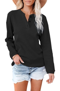 Detailed macro view of black waffle knit texture and V-neck button closure on women's top