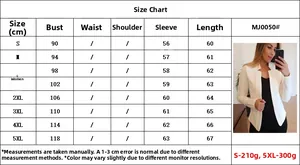 Detailed size chart for women solid blazer showing bust and length from S to 5XL