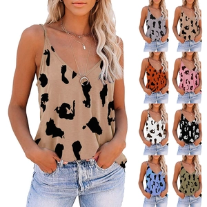 Top lencero de mujer con cuello en V y estampado de leopardo, sin mangas color caqui